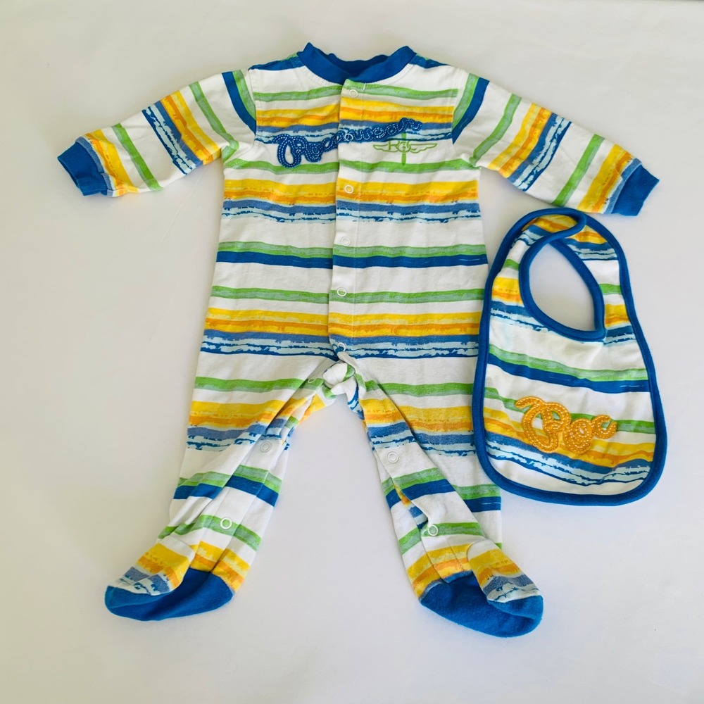 Rocawear Footed Sleeper‎ Bib Set Baby Boy 6-9M Striped Blue Yellow 90s Colorful